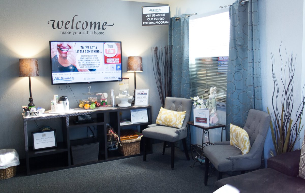 One great part of our office is our cozy waiting room! While you wait for your appointment with our team, enjoy healthy snacks and coffee on our comfy couches. It's our goal at All Smiles to make you feel at home when you visit us!