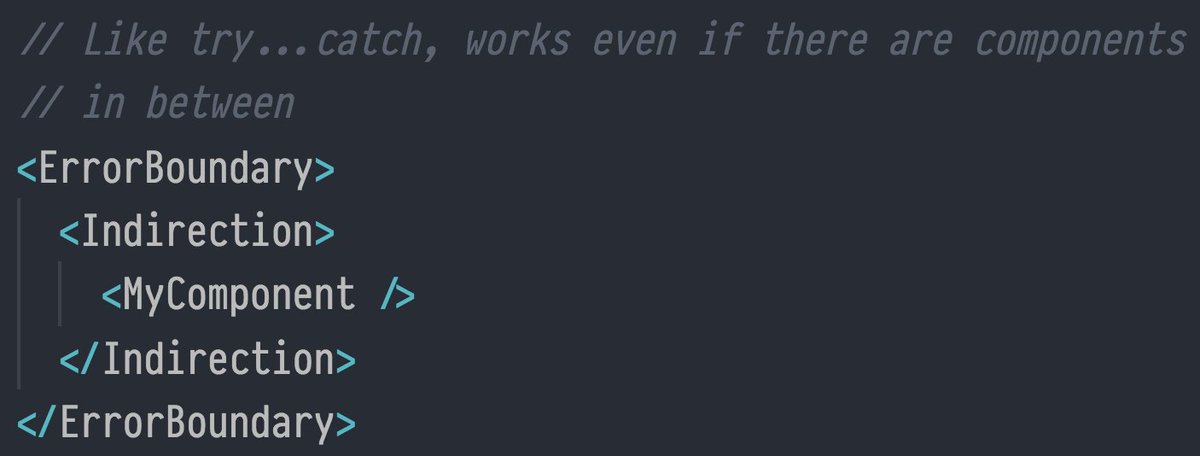 acdlite's tweet image. If you&apos;re using React 16+, there&apos;s really no reason for your component to have an `onError` prop. Use error boundaries instead! Think of it like try...catch.