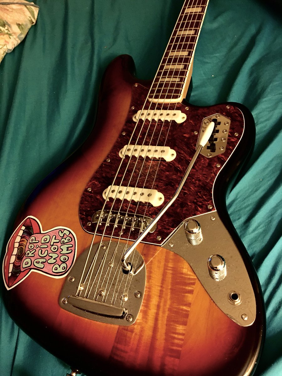 MacinJosh_Plus's tweet photo. Jamming the old reliable Squier 6 tonight. I feel my sticker is relevant now more than ever. #musician #bassplayer #fendervi #dropacidnotbombs https://t.co/lUETTyWRWG