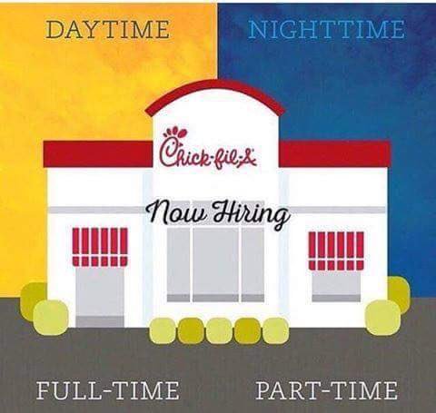 We are hiring full time hospitality professionals! We offer competitive pay starting at $11.00 per hour for full time team members. We are hiring for all positions, but specifically our 2-close shift. If you are interested, please apply at: pleaseapplyonline.com/CFAMadisonAL.