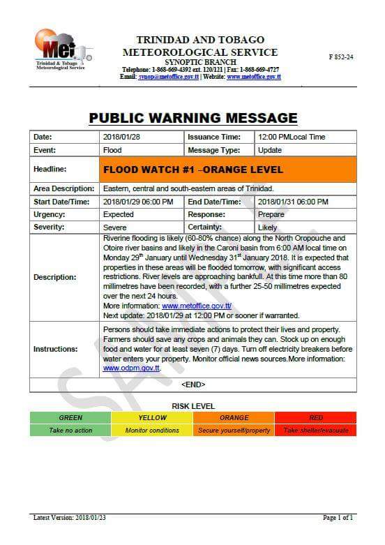 OfficialMPAAITT's tweet image. #ChangesAreComing The @ODPM_TT is gearing up to roll out a new Early Warning System! Here's a sample of what the new warnings will look like, and an explanation of the terms to be used and the new colour coded risk levels.