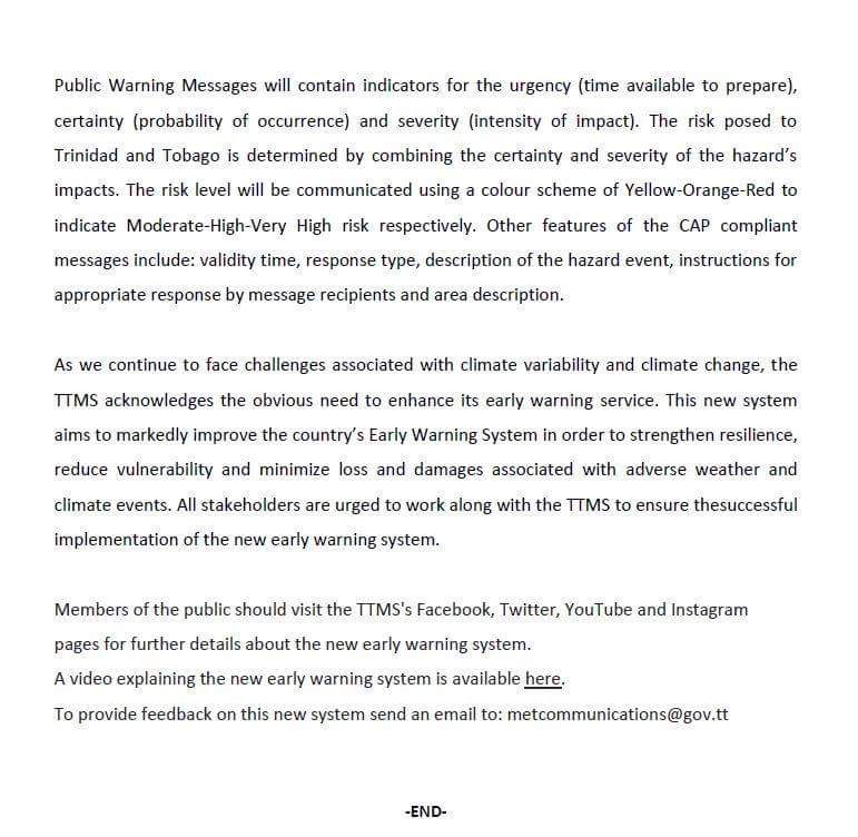 OfficialMPAAITT's tweet image. #ChangesAreComing The @ODPM_TT is gearing up to roll out a new Early Warning System! Here's a sample of what the new warnings will look like, and an explanation of the terms to be used and the new colour coded risk levels.