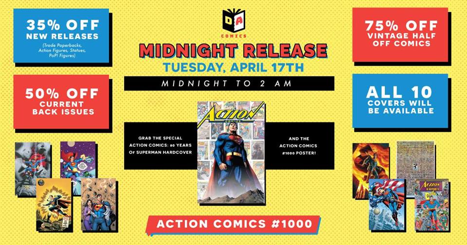 DACWBuffalo's tweet photo. #TheRedTrunksAreBack tomorrow night! Join us from 12am-2am (that's overnight Tuesday / Wednesday morning) for @DCComics #ActionComics 1,000! 35% off new releases, 50% off back issues, 75% vintage half off comics, and more! #Superman #Action1000 https://t.co/8CCGgiFaEe