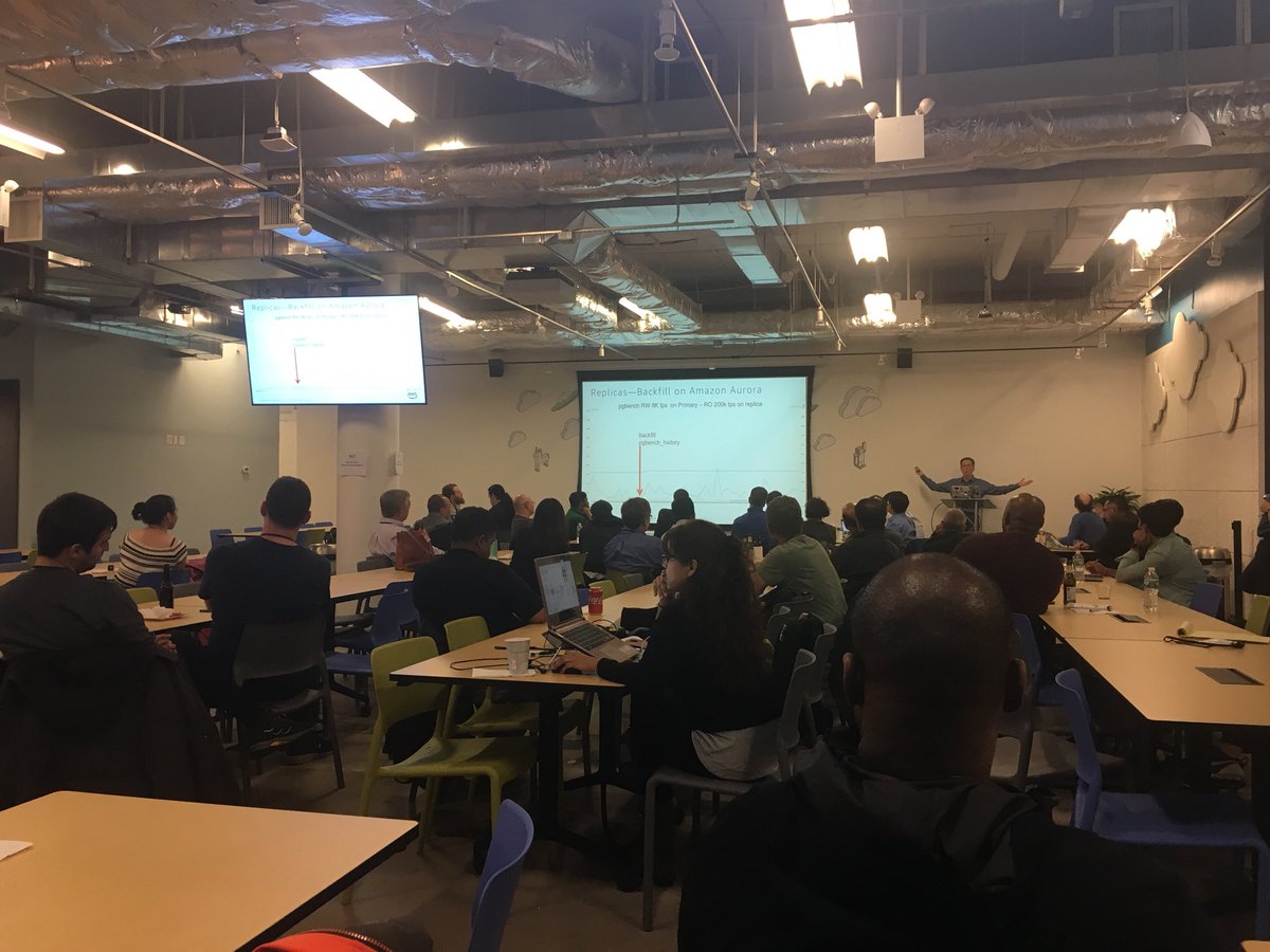 jer_s's tweet image. Great turnout for PostgreSQL meetup at AWS loft tonight. Also I’m loving the slides that I hadn’t seen before - great new content going deep on how Aurora works. Go catch the AWS sessions at #PostgresConf later this week!! @amplifypostgres
