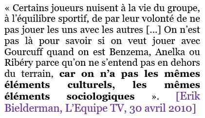 Le boycott est trop gros, trop visible. L’Equipe TV tire le signal d’alarme en avril, avant l’annonce de la sélection, regrette le comportement antisportif de Benzema, Anelka, Ribéry contre Gourcuff pour des raisons de différences culturelles :