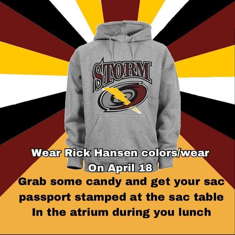 Hey RHSS! Show your school spirit buy wearing RHSS colours this Wednesday April 18th! Come get your passport stamped and get some candy at the SAC table!