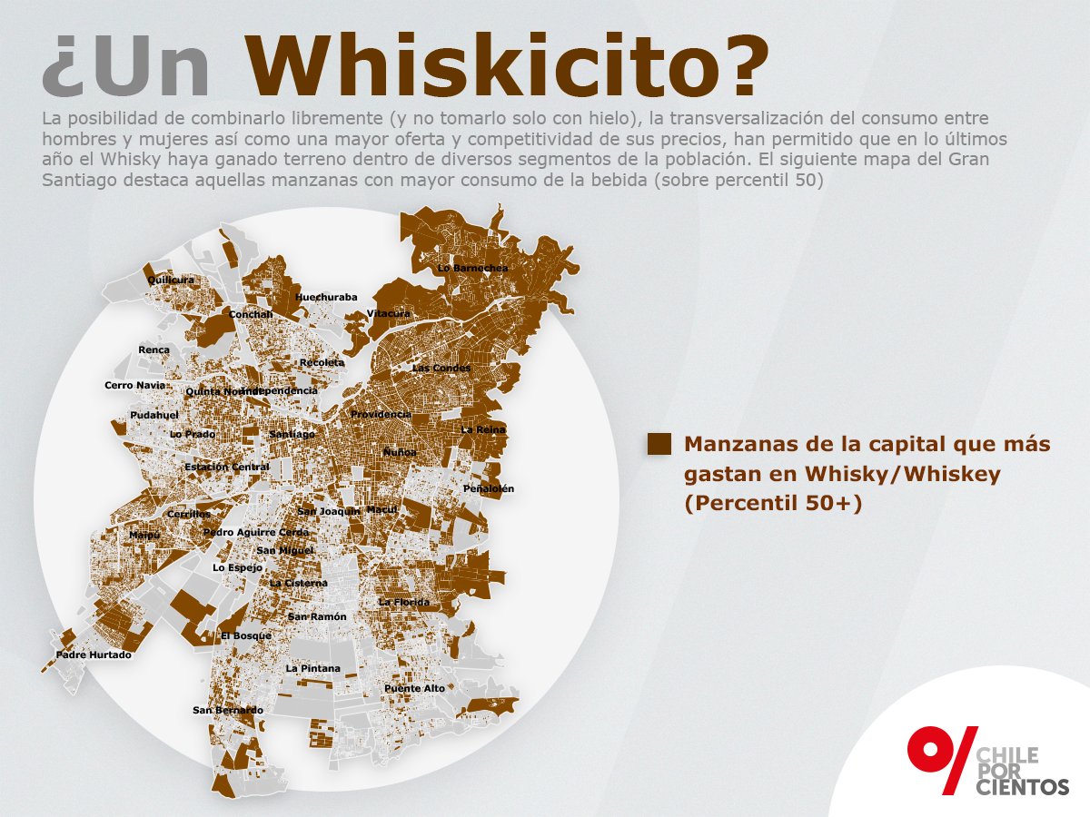 ¿Cree usted que el gasto en whisky es propiedad exclusiva de los sectores de altos ingresos?. Este mapa de consumo en Santiago demuestra los contrario.