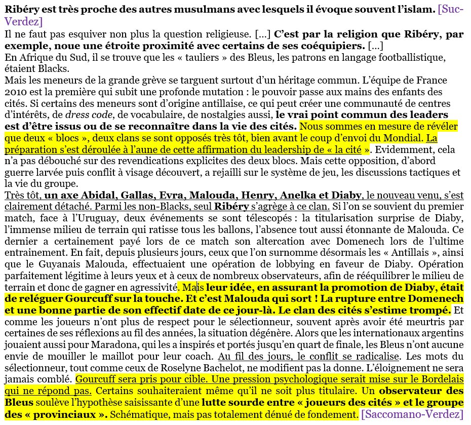 Dans un groupe miné par les tensions ethnico-culturelle/religieuse, le groupe de leaders, dit clan des cités, formé très tôt, fomente une cabale pour mettre Diaby à la place de Gourcuff, rompant avec Domenech quand il choisit de sortir plutôt Malouda ->