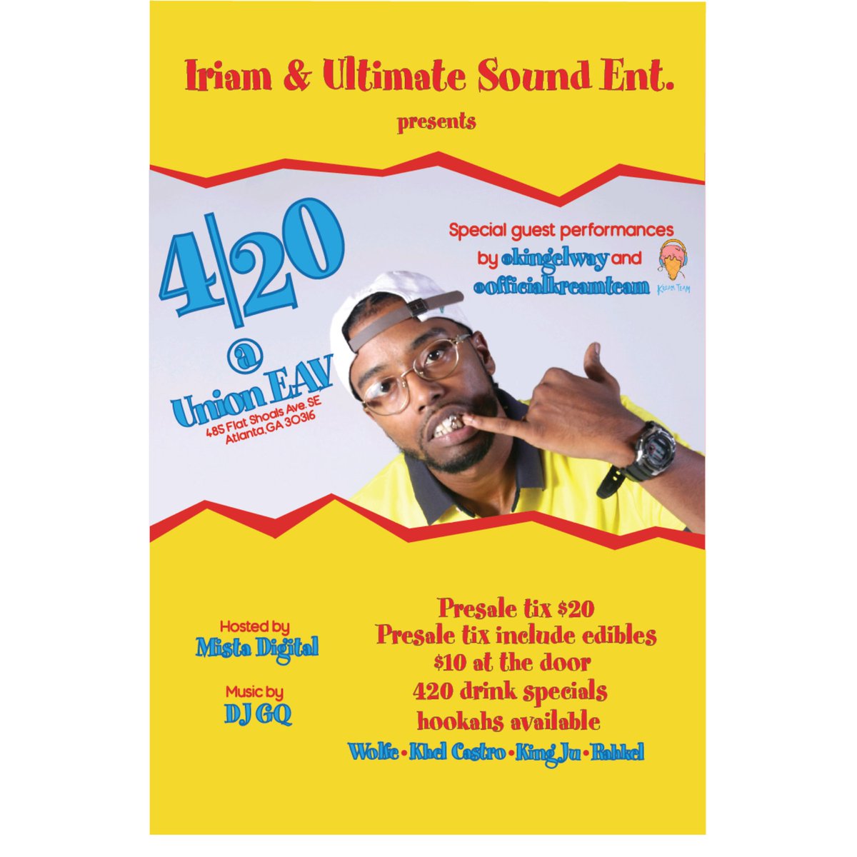 kreamteamatl's tweet photo. Ready for #420 ⁉ Celebrate with us at #UnionEAV ❗❗ @KingElway performing #SmokeSum &amp; the team will be in the building spreading dope vibes 🍦 Hosted by @Mista_Digital &amp; Music by @GQ412 #GoodMusic #GoodVibes #GoodPeople #KREAMTeam🍦 #OldAtlanta #NewSouth #MusicIsLife https://t.co/zxpStUuwRv