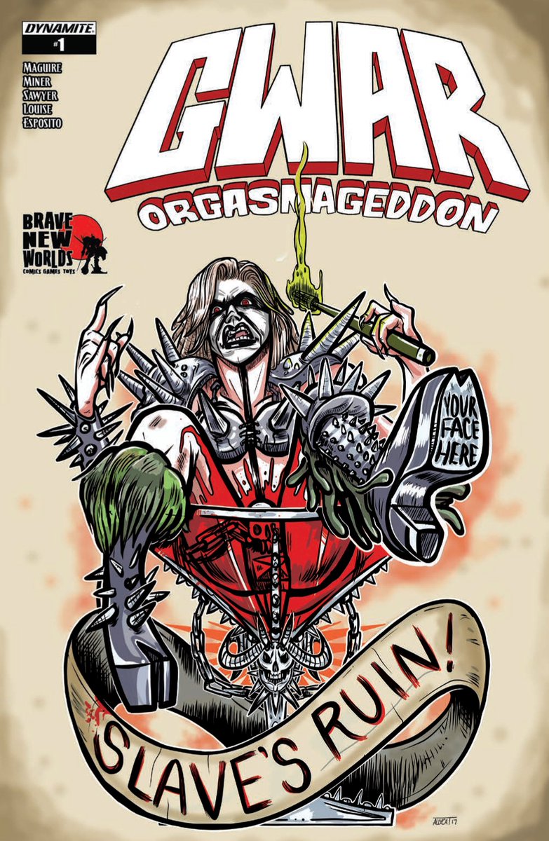 gwar's tweet photo. There are 32 different covers of #Orgasmageddon issue #1. Kill 4 birds with one stone and get the trade paperback (issues 1-4) at your local comic store. Exclusive covers, in order, for @2ndandcharles @blackcatcomics @BNWCOMICS @coastcitycomics #GWAR #gwART #GWARcomic https://t.co/ogVLUl6OA2