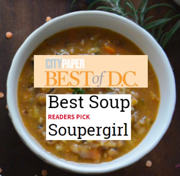 thesoupergirl's tweet photo. Thank you to everyone who voted for us in the 2018 @wcp Best of DC Readers’ Poll! On behalf of Soupergirl, Soupermom, & the entire Souper-Team, we're so grateful. You inspire us every day. Congratulations to the other winners in this great city! #DC #bestofdc #WhereToEatInDC https://t.co/Q3NBXNyDVw