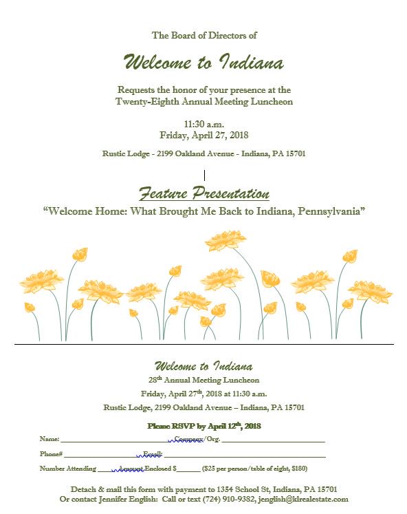 WTIndianaPA's tweet photo. The Welcome to Indiana 28th Annual Meeting Luncheon will be held on Friday, April 27th, 2018 at 11:30am at the Rustic Lodge. The luncheon will honor the 2018 Image Award Winners. The theme is “Welcome Home: What Brought Me Back to Indiana, Pennsylvania”. https://t.co/Q1uQWdwYH5 https://t.co/PmJ5I6grLD