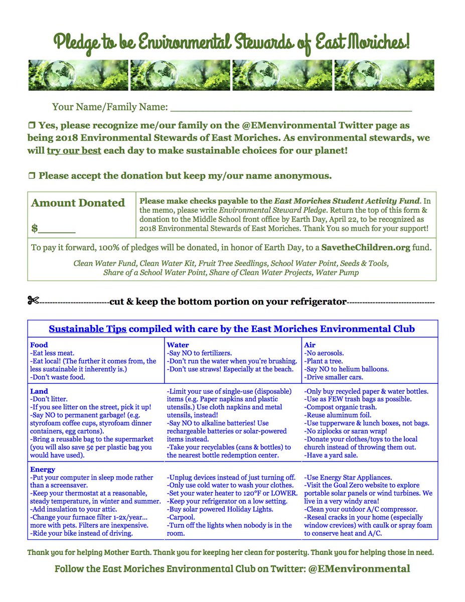 EMenvironmental's tweet photo. Last reminder to read this thoughtful flier composed by EM students &amp; send in your family's Environmental Steward pledge! Collection is in the Middle School Front Office. Any amount is truly appreciated. Family names will be posted on Earth Day 4/22. ♻️💦🌎♥️ @EastMorichesSD https://t.co/EgYcPx9ek1