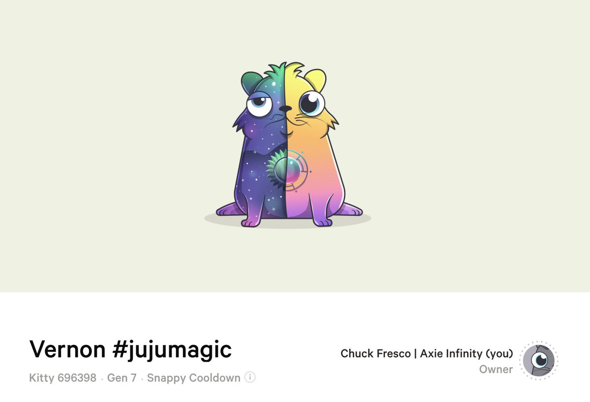 Sometimes people ask me "What is Jujumagic, what is its meaning?" I show them. This is JujuMagic. Vernon has been found at long last! <a href="/CryptoKitties/">CryptoKitties</a>  thanks for this new awesome hunt system it really did unite the community! #jujumagic

cryptokitties.co/kitty/696398