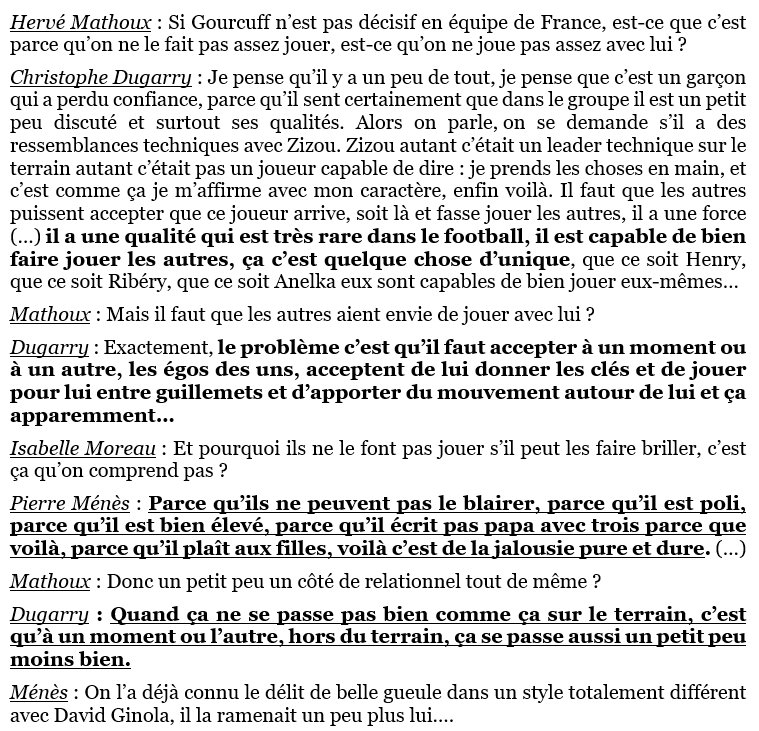 L’ostracisme contre Gourcuff est tellement évident que le  @CanalFootClub diffuse un montage de toutes les actions du match où les joueurs français ont ostensiblement évité Gourcuff. Les langues se délient sur le plateau. ->