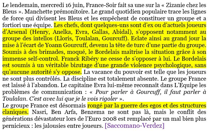 Avant France-Mexique, les langues se délient sur la réalité et la nature des clans qui déchirent l’équipe de France. Le traitement spécial réservé à Yoann Gourcuff, minoritaire culturellement dans l’équipe, est révélé dans les médias. ->