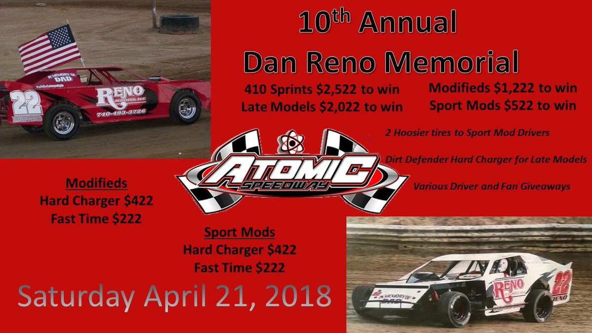 Dan Reno Memorial weekend...lots of bonus $💰 and prizes available throughout the night!!! <a href="/AtomicSpeedway/">Atomic Speedway</a> <a href="/SilverfoxT3G/">Todd George</a> <a href="/CoorslightGang/">🙂Mark</a> <a href="/21jmont/">Jason Montgomery</a> @21_sdaniels <a href="/CarissaLambert_/">Carissa Lambert</a> <a href="/TaylorCook_21/">Taylor Cook</a> <a href="/4bmotorsports/">4B.motorsports</a> <a href="/4DannySmith/">Danny Smith</a> @OhioSprintCar <a href="/CodyGallogly/">CodyGallogly27</a> <a href="/BrandonWimmer/">Brandon Wimmer</a>