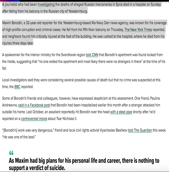 Russian reporter Maxim Borodin dies after mysterious balcony fall. He recently reported on deaths of Russian mercenaries in Syria tied to a shadowy paramilitary org bankrolled by Putin ally & Kremlin troll farm financier Prigozhin.HT @cartokurtis  #Maddow  https://www.huffingtonpost.com/entry/maxim-borodin-russia-reporter-death-fall-balcony_us_5ad4f819e4b0edca2cbcc536?ncid=engmodushpmg00000004