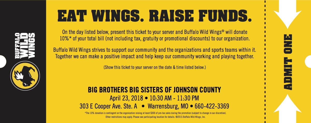 ucmmulepak's tweet photo. We're pairing up with @BWWings in Warrensburg to raise money for @bbbsjocomo! Next Monday, April 23rd stop by Buffalo Wild Wings all day &amp; let them know you're there for Big Brothers Big Sisters! You guys were such a big help with the Chipotle fundraiser, let's do it again! 😋 https://t.co/QGicinGFvg