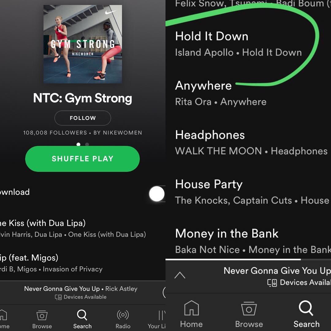 So cool! Thanks @nikewomen for including “Hold it Down” in your NTC: Gym Strong @spotify playlist! @nike