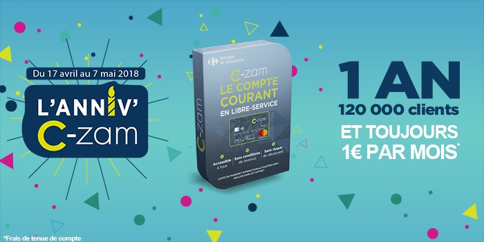 Joyeux anniversaire #Czam ! 🎂👏 Il y a un an exactement, <a href="/CarrefourBanque/">Carrefour Banque & Assurance</a> lançait le 1er compte courant disponible en rayon &amp; 100% connecté. Depuis, il a séduit 120 000 clients et a accompagné toutes les innovations de paiement mobile du groupe 👉#CarrefourPay #ApplePay #TouchID