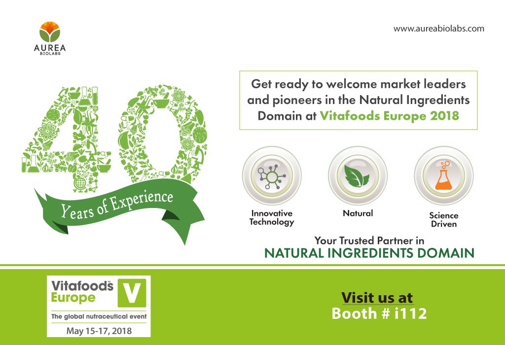 Aurea_Biolabs's tweet photo. Get ready to welcome pioneers in natural ingredients domain at Vitafoods Europe 2018.
Visit us at booth no. #i112
#AureaBiolabs #VFE18 #VitafoodsEurope #VFE2018 #NaturalIngredients #Nutraceuticals #NutraceuticalsManufacturer #Cureit #Acujoint #Fitnox #CuroWhite @VitafoodsEurope https://t.co/khkIBdYlLt