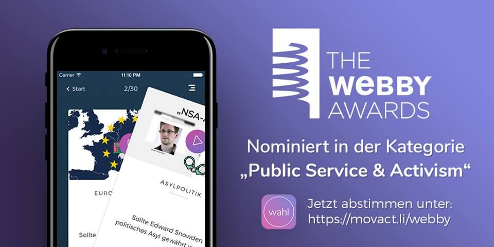 b00stme's tweet photo. Unsere Partneragentur @MOVACT ist mit dem Projekt @WahlSwiper zur Bundes- und Landtagswahl Niedersachsen für den renommierten Webby-Award aka "Internet-Oscar" nominiert. Bitte stimm kostenlos für diese tolle Initiative ab: https://t.co/bjsOpUlKZA https://t.co/rCSCt56btt