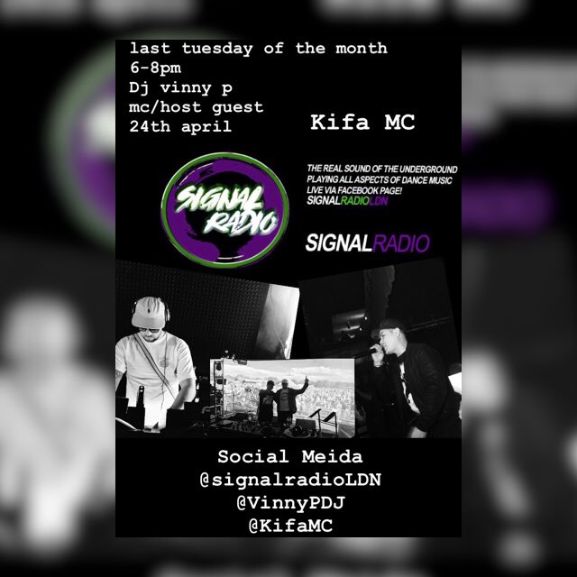 vinnypearceDJ's tweet photo. Next Tuesday 
My monthly show on @SignalRadioLDN 
With guests #MCs #DJs 
 🎧🎤🔊💥
24th with my MC/Host @mckifa https://t.co/5wgqqjnsJr