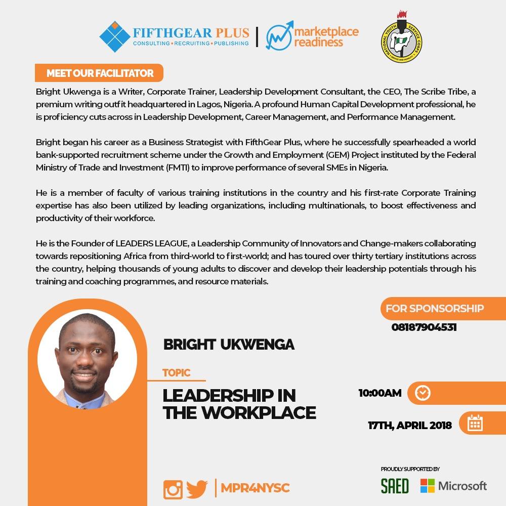 MpR4NYSC's tweet photo. Meet our amazing facilitators for today's session at the Marketplace Readiness Programme.

Powered by @fifthgearplus .

#MpR4NYSC
#fifthgearplus
#businesscommunication
#passiontoprofit https://t.co/nKUx8H5TzI