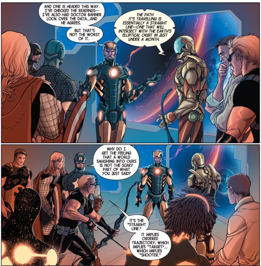 And, again, mirroring of the incursions of "New Avengers" with the more immediate threat of planetary collision in "Avengers."(Avengers #23.)