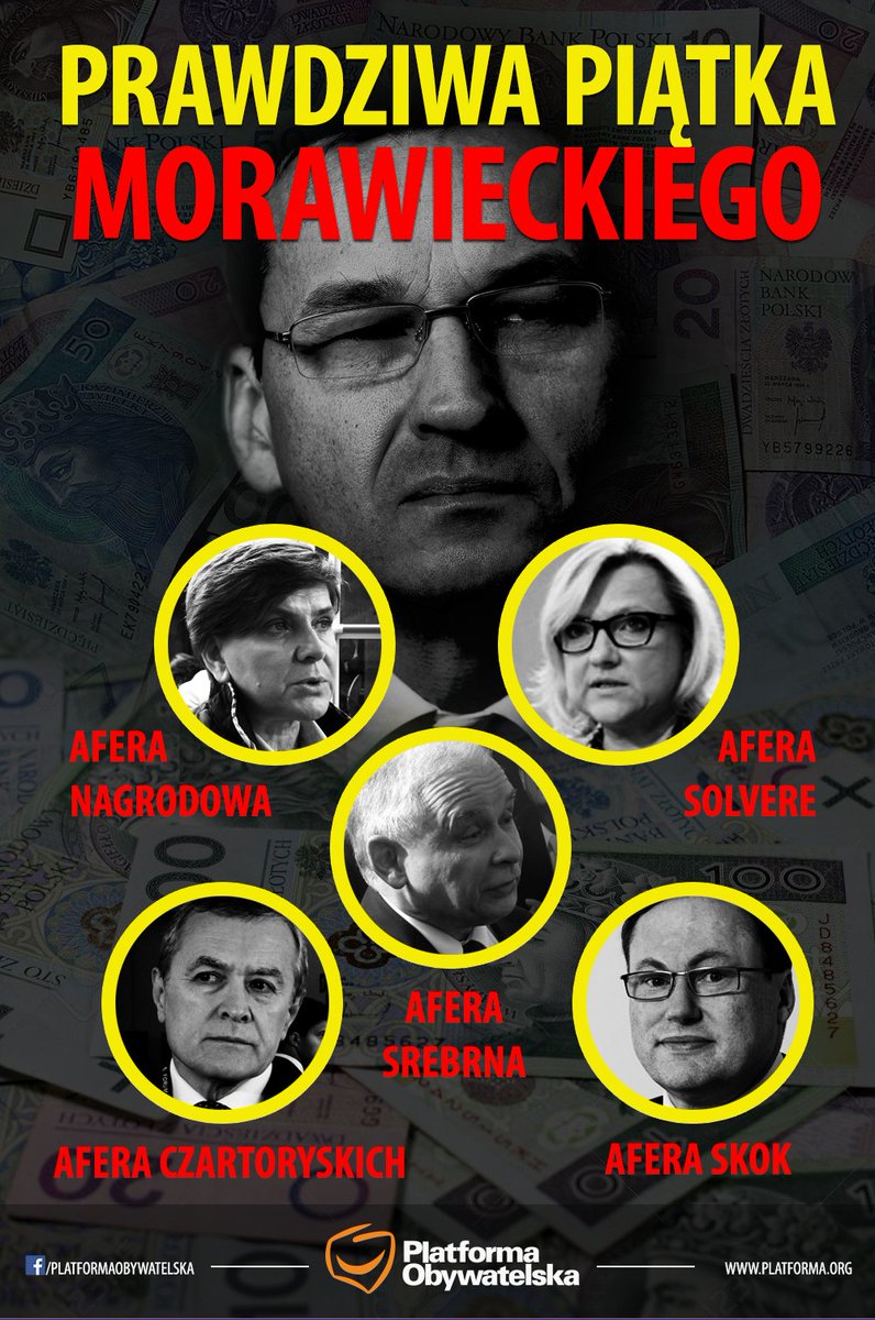 PlatformaObywatelska on Twitter: "Prawdziwa "Piątka Morawieckiego" to niewyjaśnione afery PiS, to buta i arogancja polityków tej partii! Obywatele domagają się wyjaśnienia wszystkich afer PiS! https://t.co/kftykOXGg4" / Twitter