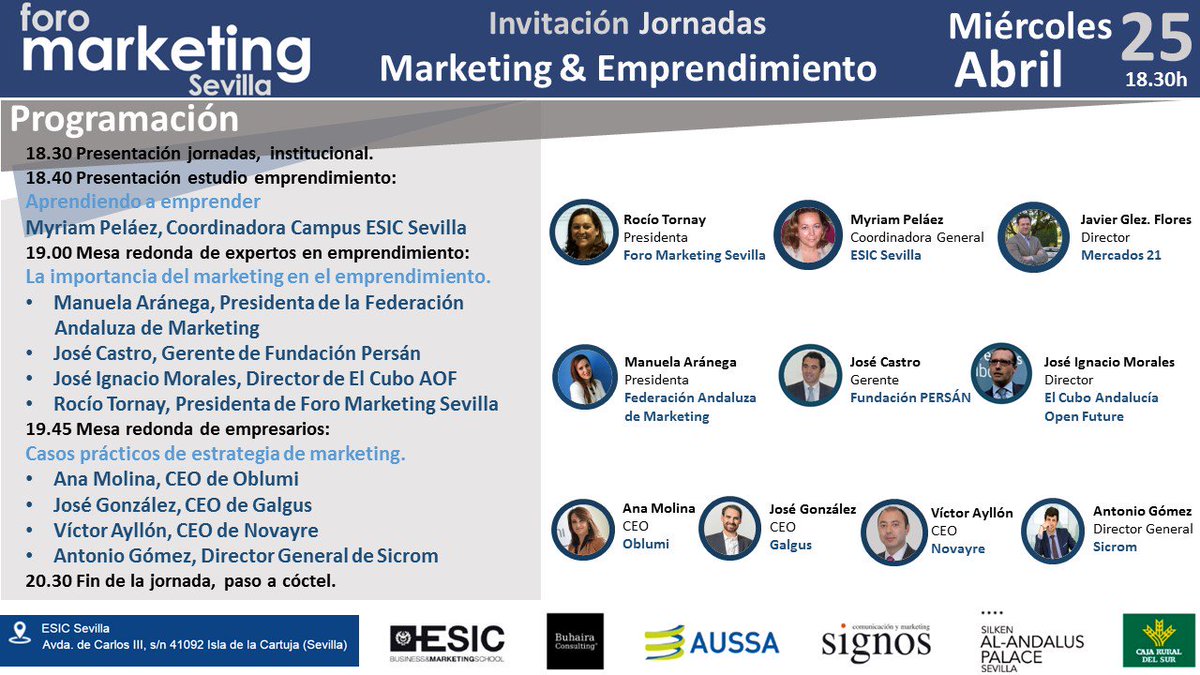 Después de #FeriaDeAbril2018 Jornadas de #Marketing y #Emprendimiento en <a href="/ESICSevilla/">ESIC Sevilla</a> con <a href="/FundPersan/">Fundación Persán</a> <a href="/OpenFuture_And/">Andalucía OpenFuture</a> <a href="/oblumi/">Oblumi</a> <a href="/SicromTech/">SICROM Technology | by VS Sistemas</a> <a href="/galgus_/">Galgus</a> <a href="/novayre/">novayre</a> con <a href="/manuelaaccionmk/">Manuela Aránega</a> #MyriamPelaez @RoTornay <a href="/anamolinajurado/">ANA M. MOLINA JURADO</a> presenta <a href="/JavierGFlores/">Javier G. Flores</a> de <a href="/Mercados21/">Mercados21</a> goo.gl/zu4Q2g
