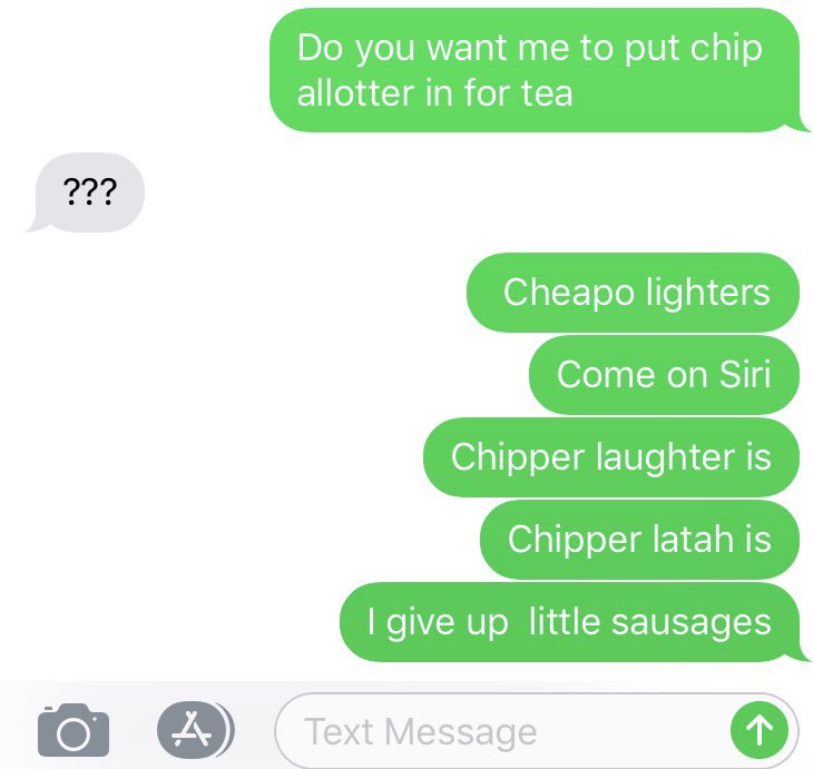 IanSanders's tweet image. @OC not quite an #autocorrectfailure - what happens when you’re walking home from the station trying to get Siri to type a text message to your wife about chipolatas for tea and Siri struggles to understand the word ‘chipolata’. Cheapo lighters?