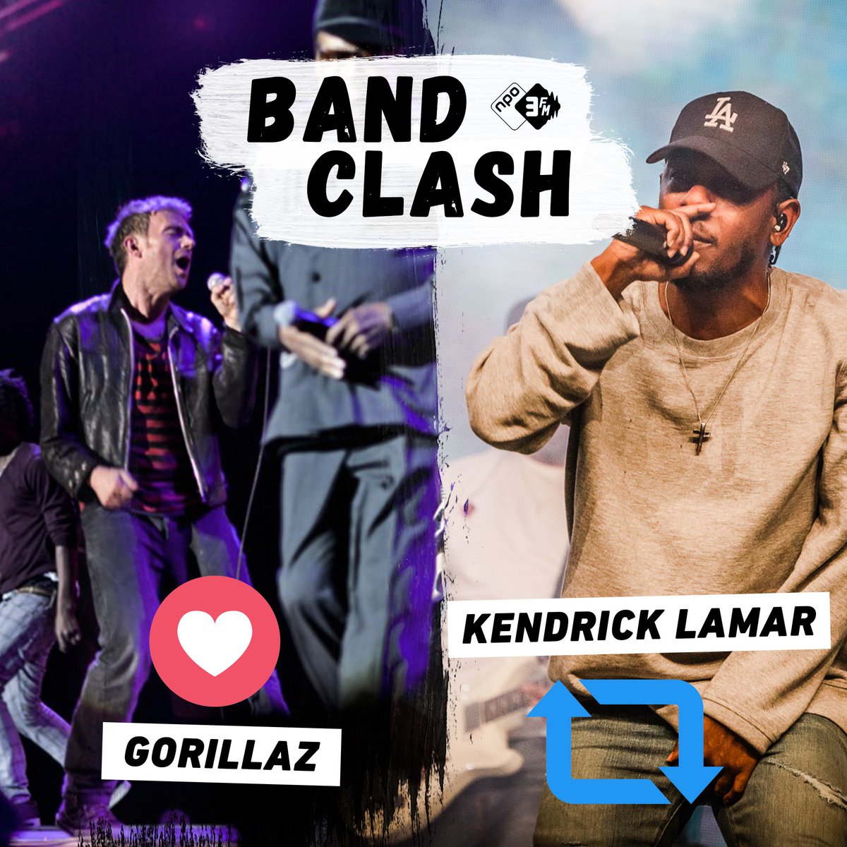 3FM's tweet photo. Bandclash! Stel, je bezoekt @Rapid_Razor_Bob en deze twee artiesten staan tegelijk geprogrammeerd: @gorillaz vs @kendricklamar! Naar welke ga jij? 😅 VOTE! #bandclash #ll18 https://t.co/P0XTHyEXPo