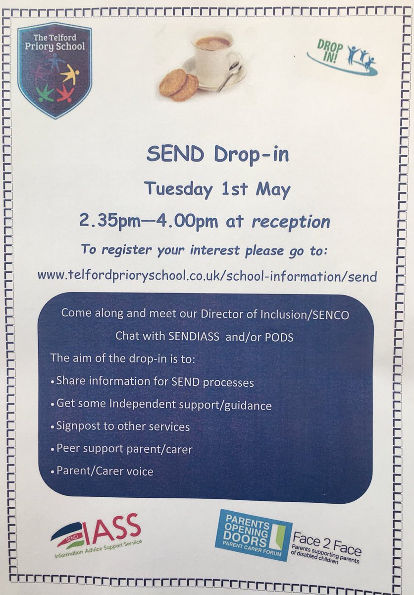 TPSSEND's tweet image. SEND drop-in @telfordpriory 
Pop along and have a cuppa and a chat with other parents/carers. 
IASS and PODS will be there along with our Director of Inclusion/SENCO.
We look forward to seeing you there 
#supportandguidance #workingtogether #parentcarervoice