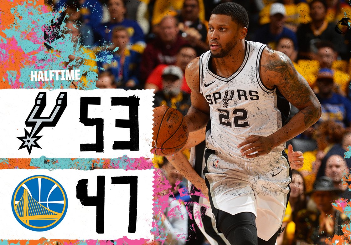 spurs's tweet photo. Up by 6️⃣ at the half #GoSpursGo https://t.co/3uMgLQm55q
