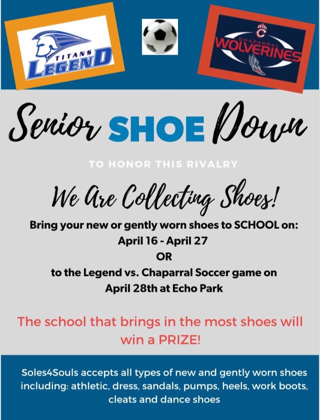 mckennajwilson's tweet photo. help chap girls’ soccer beat legend!💪help us by donating your old shoes!👟 there will be boxes around school you can place your shoes in or give them to any chap soccer player! anything helps! 👡👢👠👞👟 @ChapGirlsSoccer @ChapHappenings #Soles4Souls https://t.co/fK4tECSwod