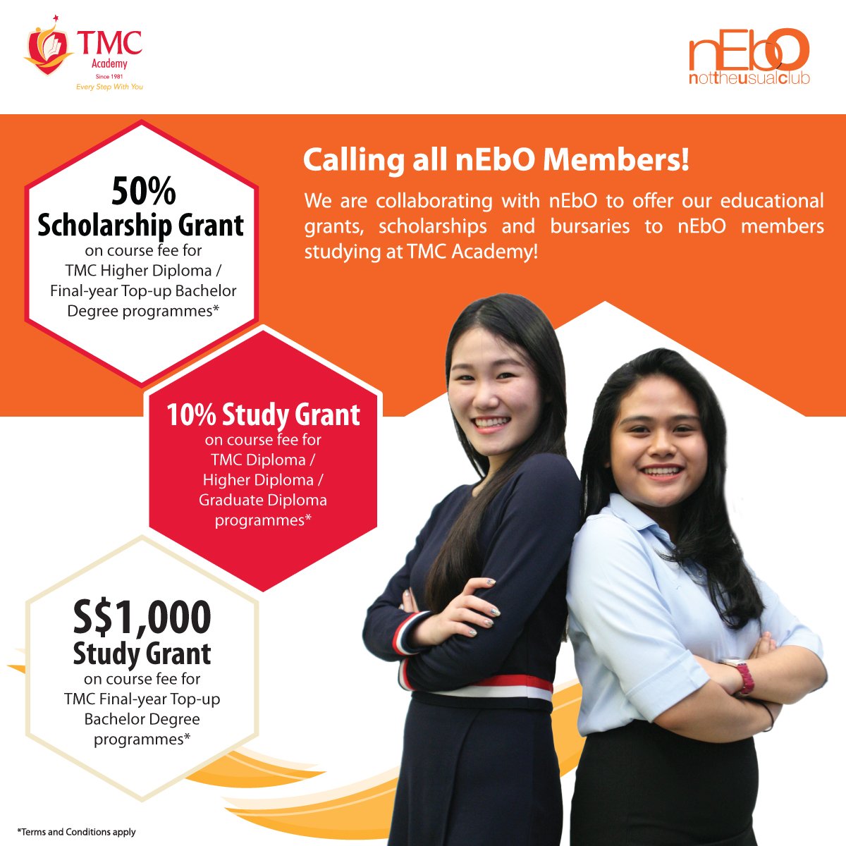 TMCacademy's tweet image. Calling all nEbO members! Don't miss out on attractive scholarships and study grants when you sign up for our programmes! For more information, visit: bit.ly/2JOH03P. #studygrant #scholarship #education #nEbO