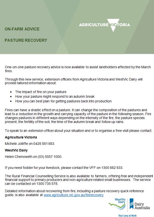 VicGovAg's tweet photo. REMINDER - One-on-one pasture recovery advice is available to assist landholders affected by the March fires in the south-west. Our extension officers, along with WestVic Dairy will provide tailored info to help get your pastures back on track. #SWfires @VicFarmers https://t.co/87rnNpzbVU