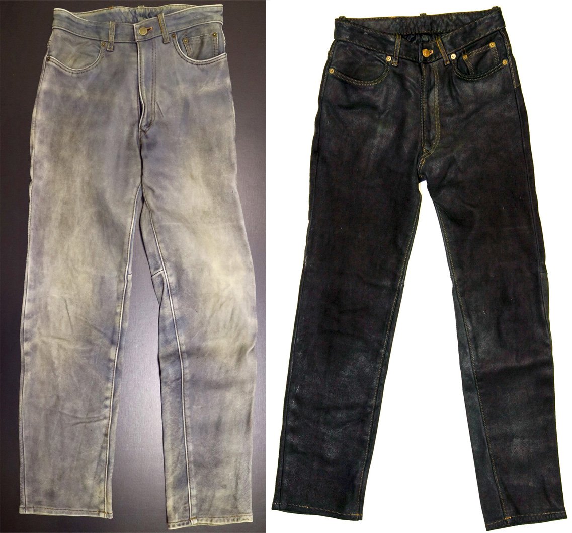 タンデムスタイル En Twitter コレ どっちも同じパンツなんです クシタニ エクスプローラージーンズ なら 再染色すれば10年以上履きこんでも新品同様に復活 全く別物のレザージーンズのように見えますが 後ろの右ポケットの辺りに付いたシミや全体のシルエットは