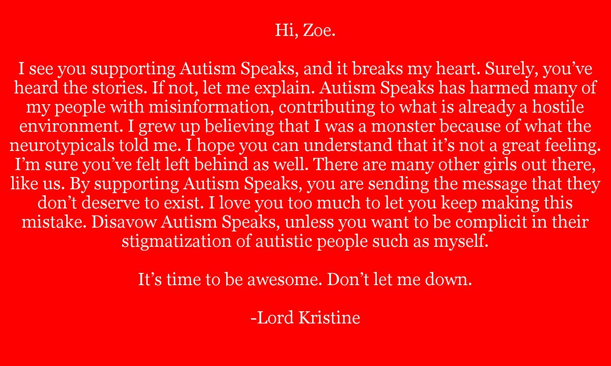 Lord_Kristine's tweet photo. Alright, this is my final attempt.
Everyone, please save this image and send it to @zoesaldana with a comment of your own. She needs to know that she's hurting her autistic fans. Please, don't let her slip away.
#RedInstead #RainbowGravity #SaveGamora https://t.co/vx2WimGNr1