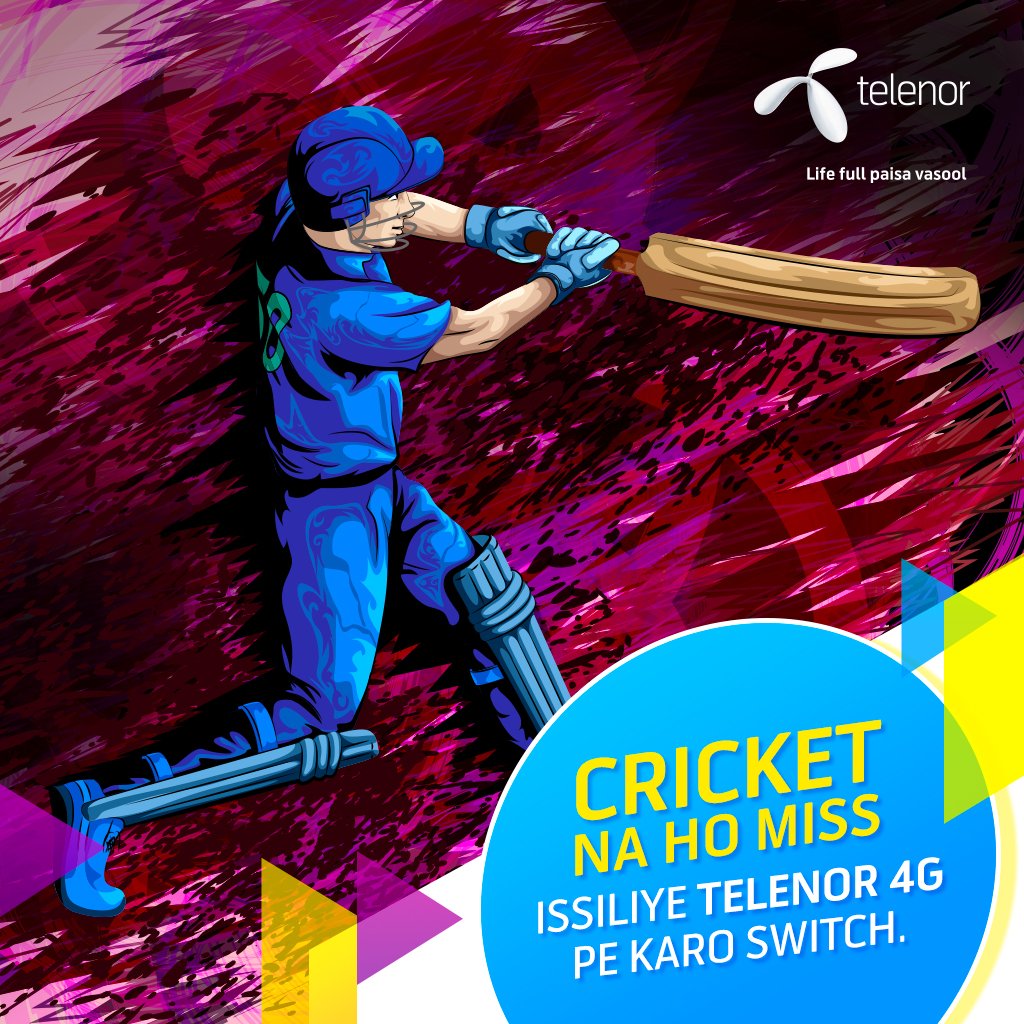 Enjoy the cricket season live without any interruption. Switch to #Telenor #4G. telenor.in