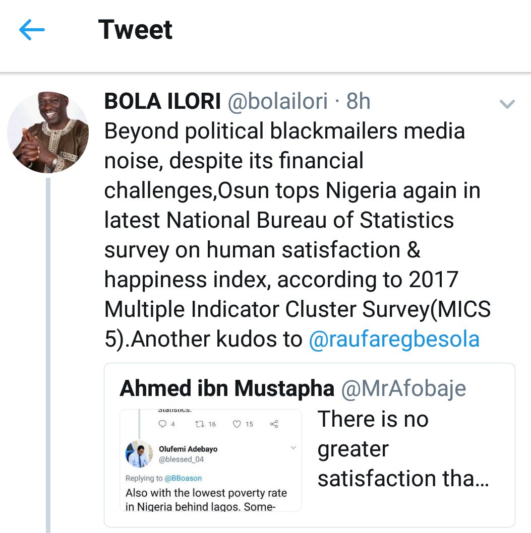 alabiwale29's tweet photo. Because a polymath is in-charge, Osun tops Nigeria again in latest National Bureau of Statistics survey on HUMAN SATISFACTION &amp; HAPPINESS INDEX, according to 2017 Multiple Indicator Cluster Survey(MICS 5).

All by the govt of @raufaregbesola https://t.co/csxhJjOkVl