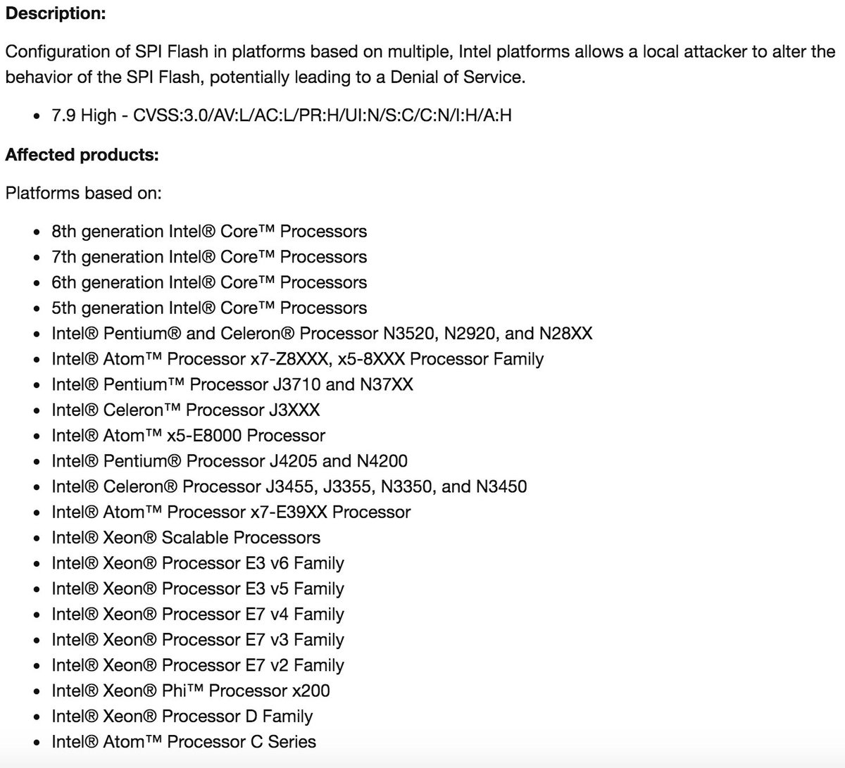 ivanmarkovicsec's tweet image. Unsafe #Opcodes exposed in Intel #SPI based products: Configuration of SPI Flash in platforms based on multiple #Intel CPUs allows a local attacker to alter the behavior of the SPI Flash, potentially leading to a #Denial of #Service. Details: security-center.intel.com/advisory.aspx?…