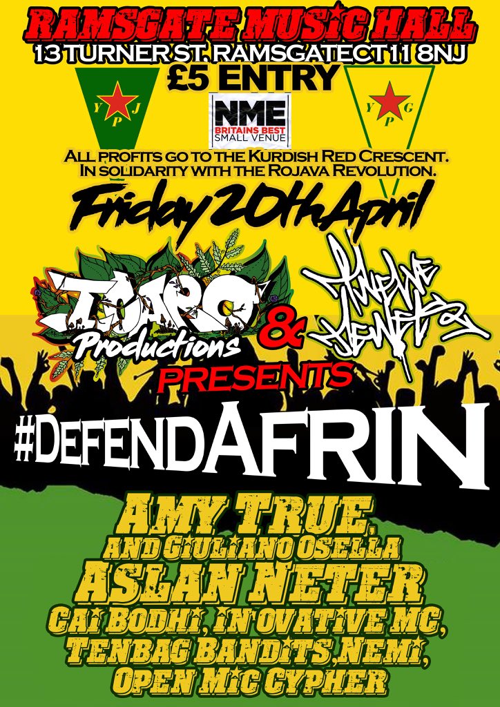 ROJTHANET's tweet photo. REMINDER: This Friday Ramsgate UK. Benefit Concert for Afrin. Proceeds to Heyva Sor. #AmyTrue #DefendAfrin #TwelveJewels #YPG #YPJ https://t.co/b5mYZdvNG1