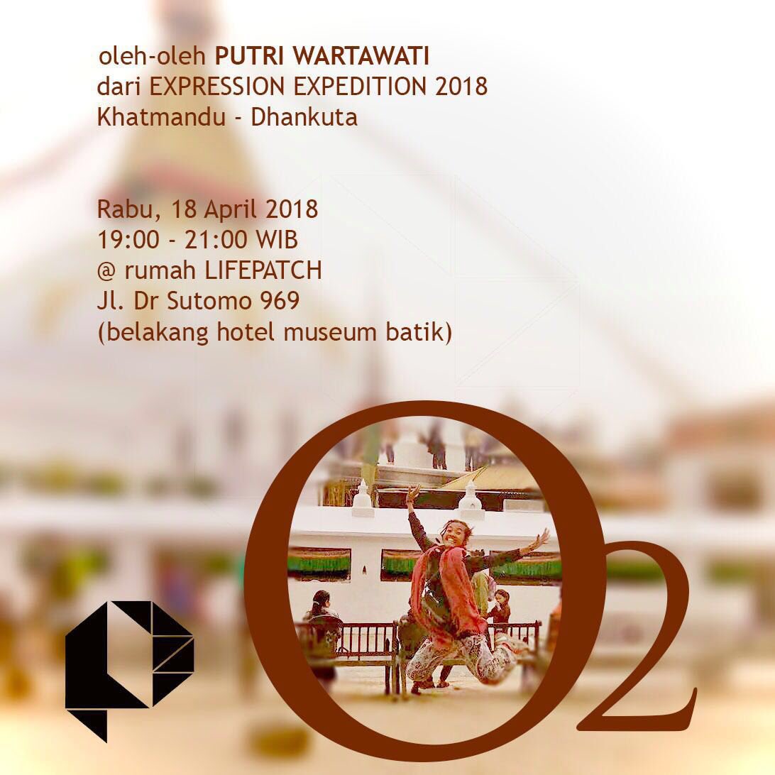 O2 — oleh-oleh Putri Wartawati tentang pengalamannya mengikuti acara performans EXPRESSION EXPEDITION 2018 di Khatmandu - Dhankuta. Putri adalah seorang performer yang memproduksi karyanya dengan pendekatan teater dan koreografi, kerap merespon tubuhnya terhadap ruang tertentu.
