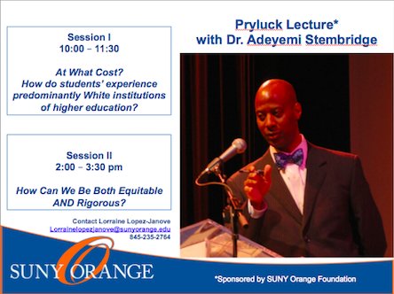 lorrainelopezj1's tweet photo. Today @SUNY_Orange Pryluck Lecture 2018, "At What Cost?" @DrYemiS will discuss unique challenges for racial &amp; ethnic minority students at predominantly white institutions of higher education. #prylucklecture2018 #diversityinhighered #inclusioninhighered #equityinhighered https://t.co/7dl3sguQP2