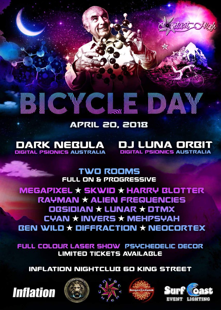 DarkNebulaZone's tweet photo. Dark Nebula and DJ Luna Orbit in Melbourne 20 April.....
#darknebula #lunaorbit #bicycleday #alberthoffman #dacru #digitalpsionics #psytrance #psychedelic #psytrance #fullon https://t.co/P6wQdktdAi