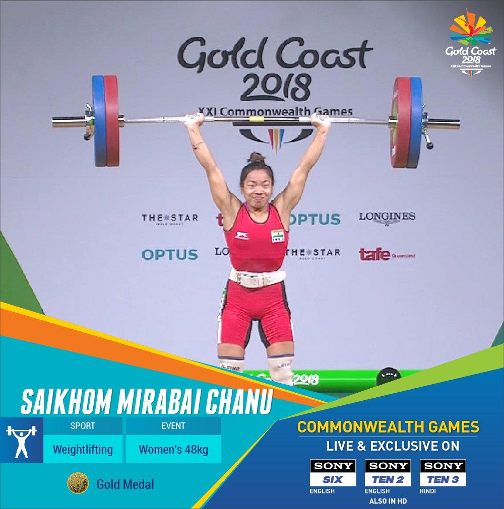 SonySportsNetwk's tweet photo. Take a bow! #MirabaiChanu wins India's first Gold Medal at @GC2018  #GC2018 #Weightlifting #IndiaATCWG #RangDeTiranga https://t.co/0hWkDaj0ah