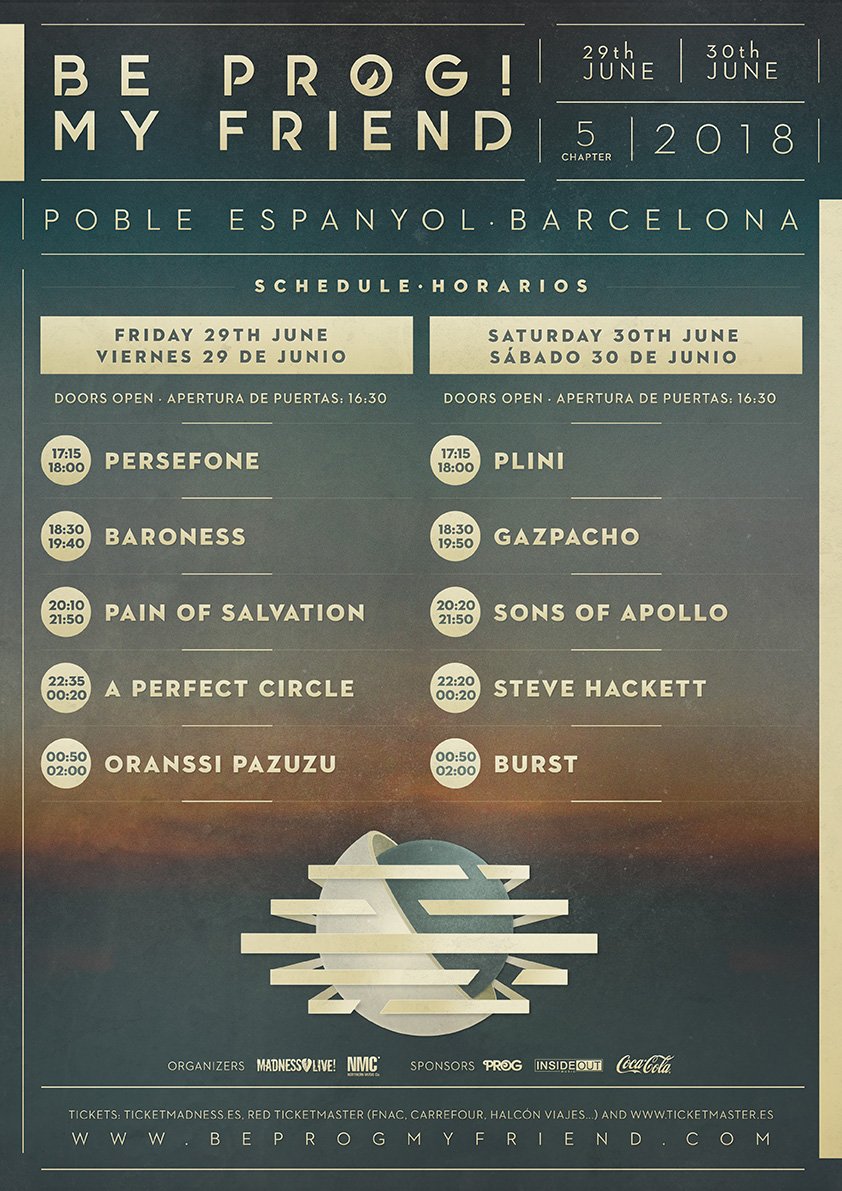 🕛 Running order for #beprogmyfriend2018 🕛 #persefone #baroness #painofsalvation #aperfectcircle #oranssipazuzu #plini #gazpacho #sonsofapollo #stevehackett #burst #beprog #beprogmyfriend #prog #progrock #progmetal #rock #metal #madnesslive #northernmusic #barcelona